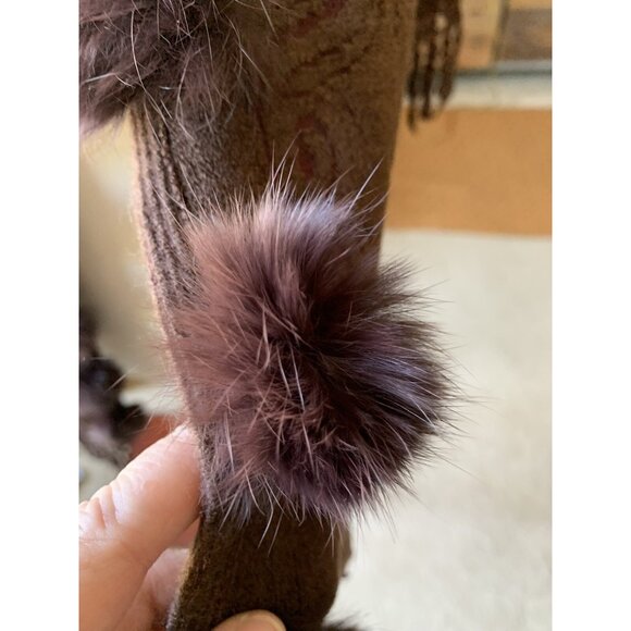 Vintage Woven Textured Fur Pom Pom with Embroidered Fringe Brown Art Shawl Brown - Picture 10 of 11